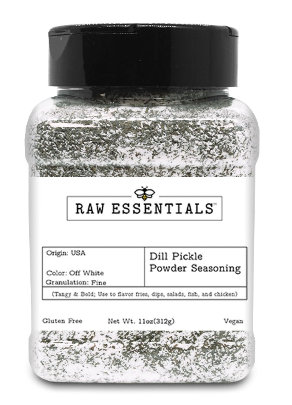Raw Essentials Dill Pickle Powder bottle front for bold pickle flavor in meals
