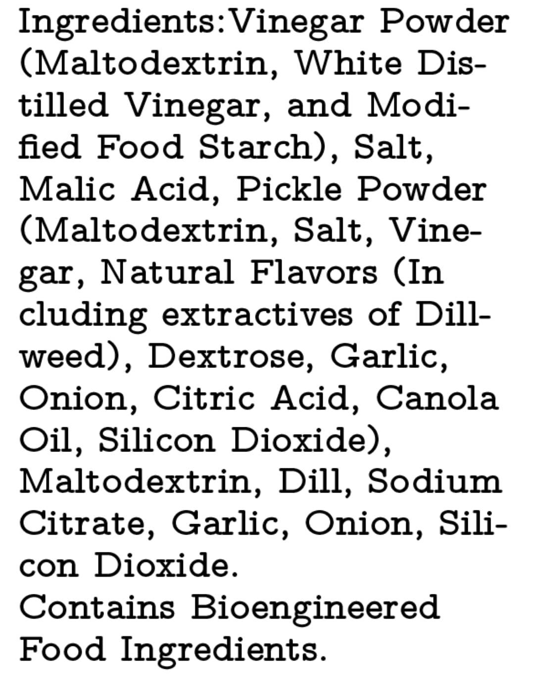 Raw Essentials Dill Pickle Powder ingredients label for gluten-free vegan use