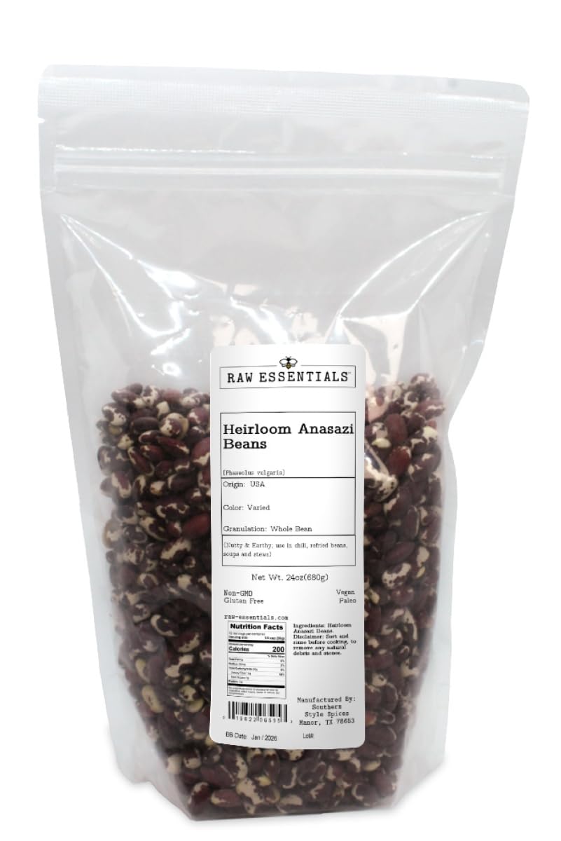 Raw Essentials Heirloom Anasazi beans in a resealable 24-ounce bag for easy meal prep