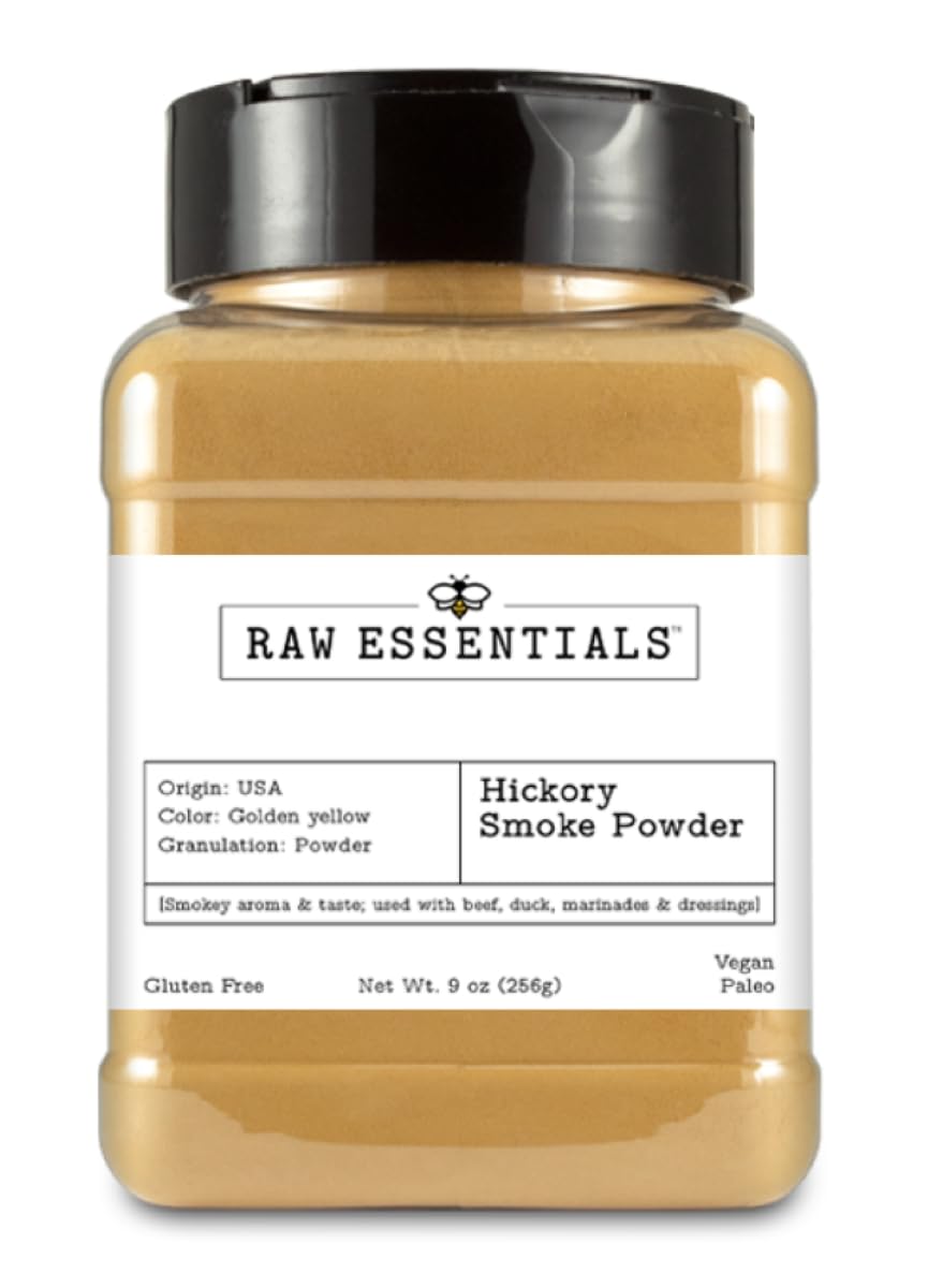 Raw Essentials Hickory Smoke Powder bottle showing authentic flavor for sauces and marinades