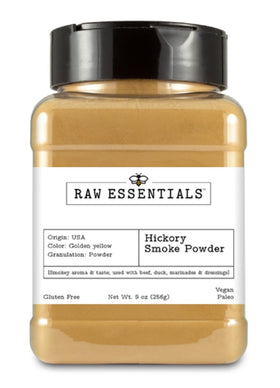 Raw Essentials Hickory Smoke Powder bottle showing authentic flavor for sauces and marinades