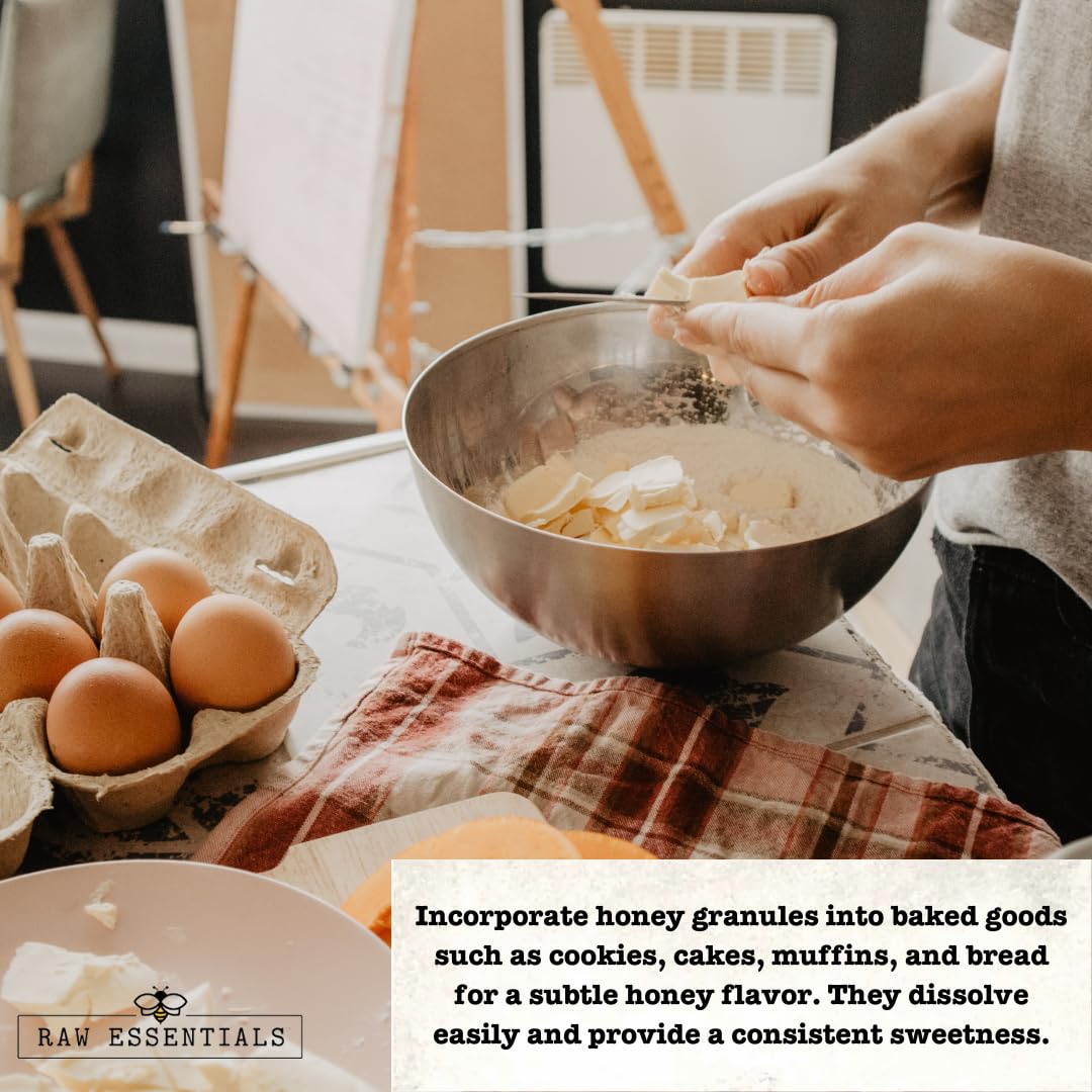 Raw Essentials Honey Granules as a dessert topping for extra glaze