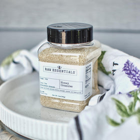 Raw Essentials Honey Granules stirred into yogurt for creamy flavor