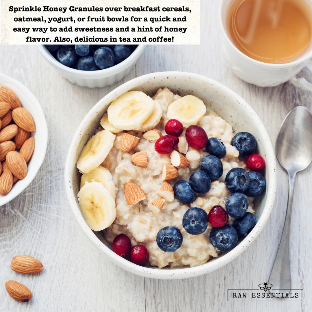 Raw Essentials Honey Granules sprinkled over oatmeal for natural sweetness
