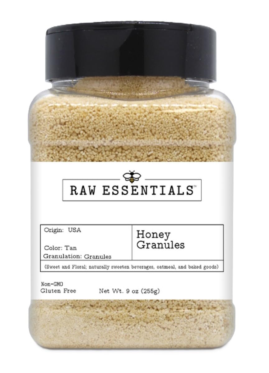 Raw Essentials Honey Granules packaging on kitchen shelf ready to sweeten meals