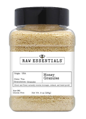 Raw Essentials Honey Granules packaging on kitchen shelf ready to sweeten meals