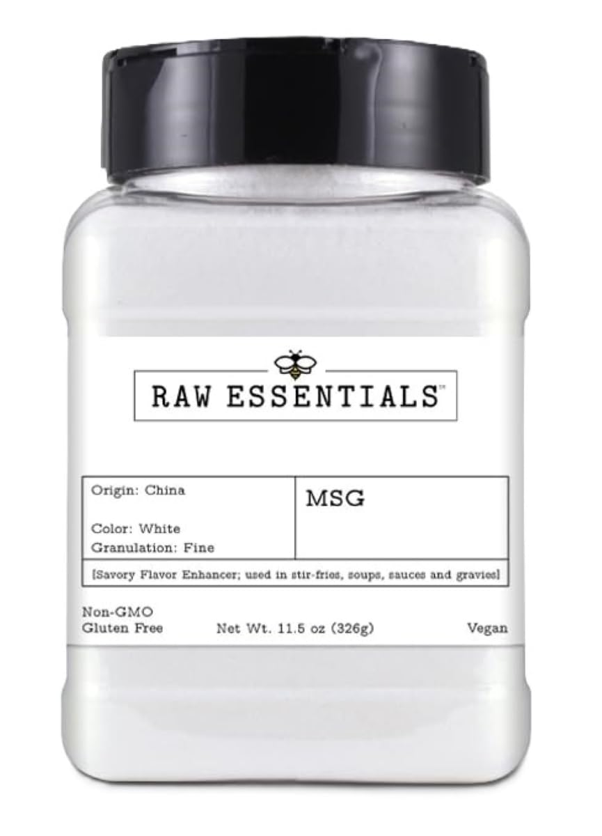 Raw Essentials MSG bottle front view for savory umami enhancement