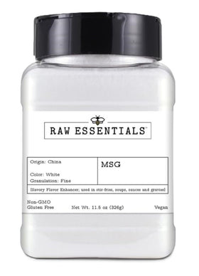 Raw Essentials MSG bottle front view for savory umami enhancement