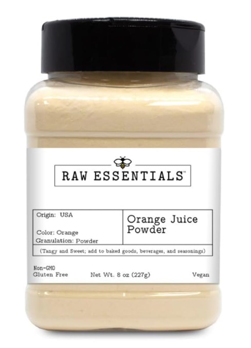 Raw Essentials orange powder bottle front view, authentic citrus flavor for baking.