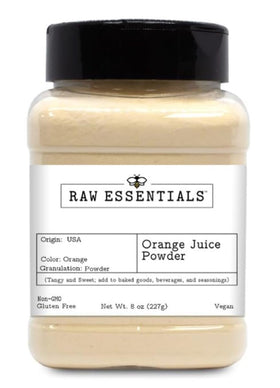 Raw Essentials orange powder bottle front view, authentic citrus flavor for baking.