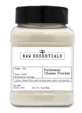 Raw Essentials Parmesan powder bottle pour adds savory umami to pizzas and pastas.