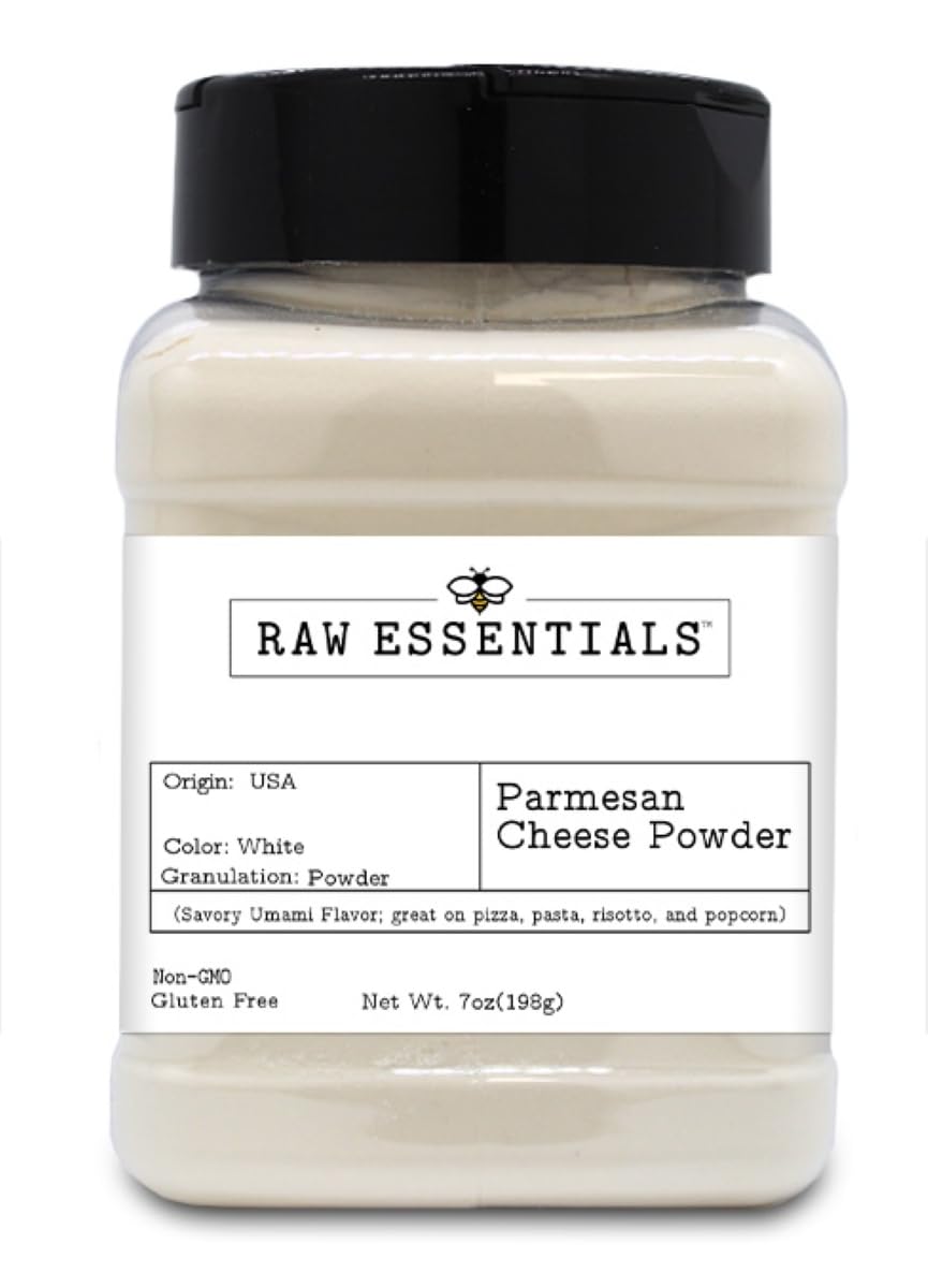 Raw Essentials Parmesan powder bottle pour adds savory umami to pizzas and pastas.