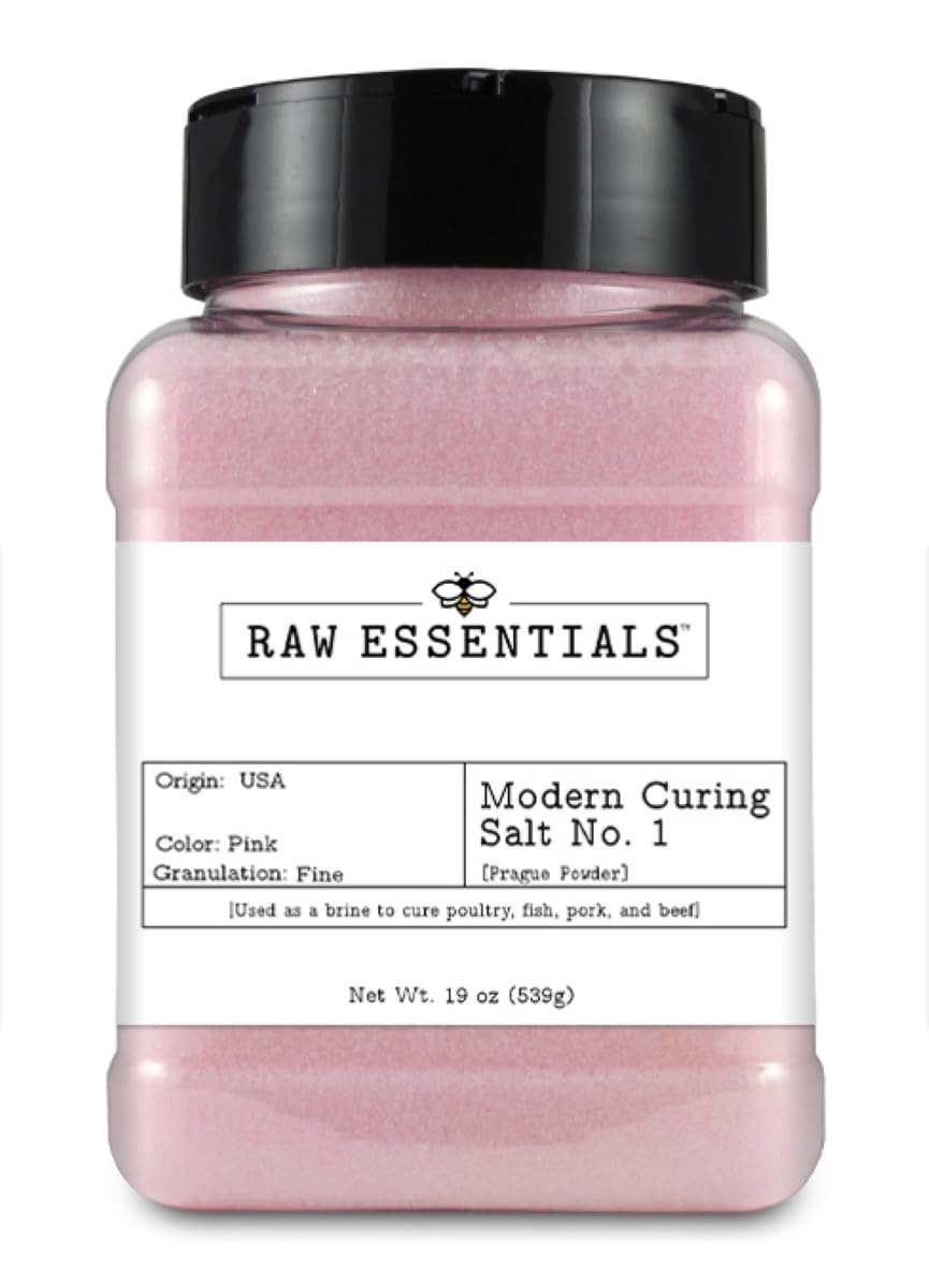 Raw Essentials Pink Modern Curing Salt No. 1 bottle ready for precise meat curing