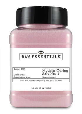 Raw Essentials Pink Modern Curing Salt No. 1 bottle ready for precise meat curing