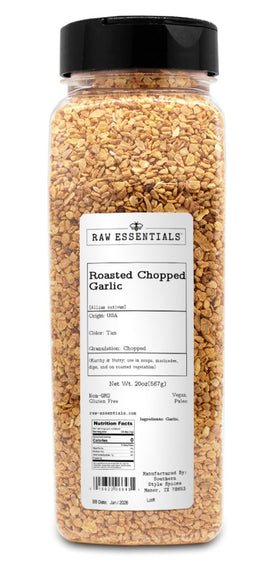 Raw Essentials roasted chopped garlic bottle 20oz showcases convenient, ready-to-pour seasoning.