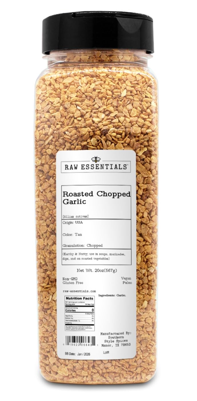 Raw Essentials roasted chopped garlic bottle 20oz showcases convenient, ready-to-pour seasoning.