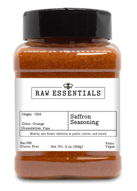Raw Essentials Saffron Seasoning bottle closeup highlighting luxurious aroma and golden hue