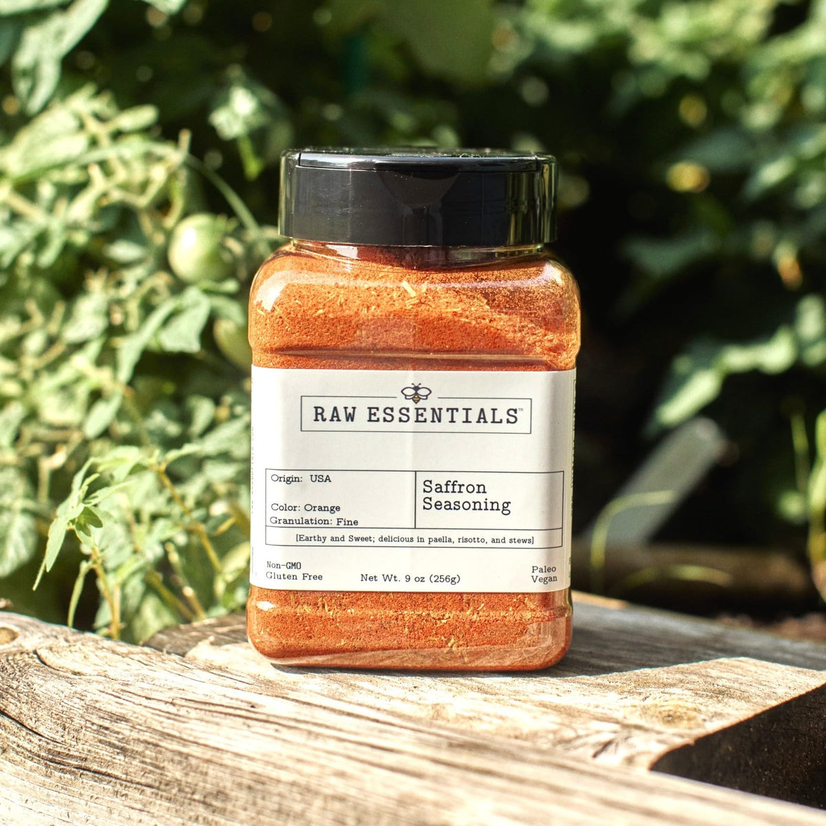 Raw Essentials Saffron Seasoning packaging emphasizes non-GMO gluten-free and vegan friendly option