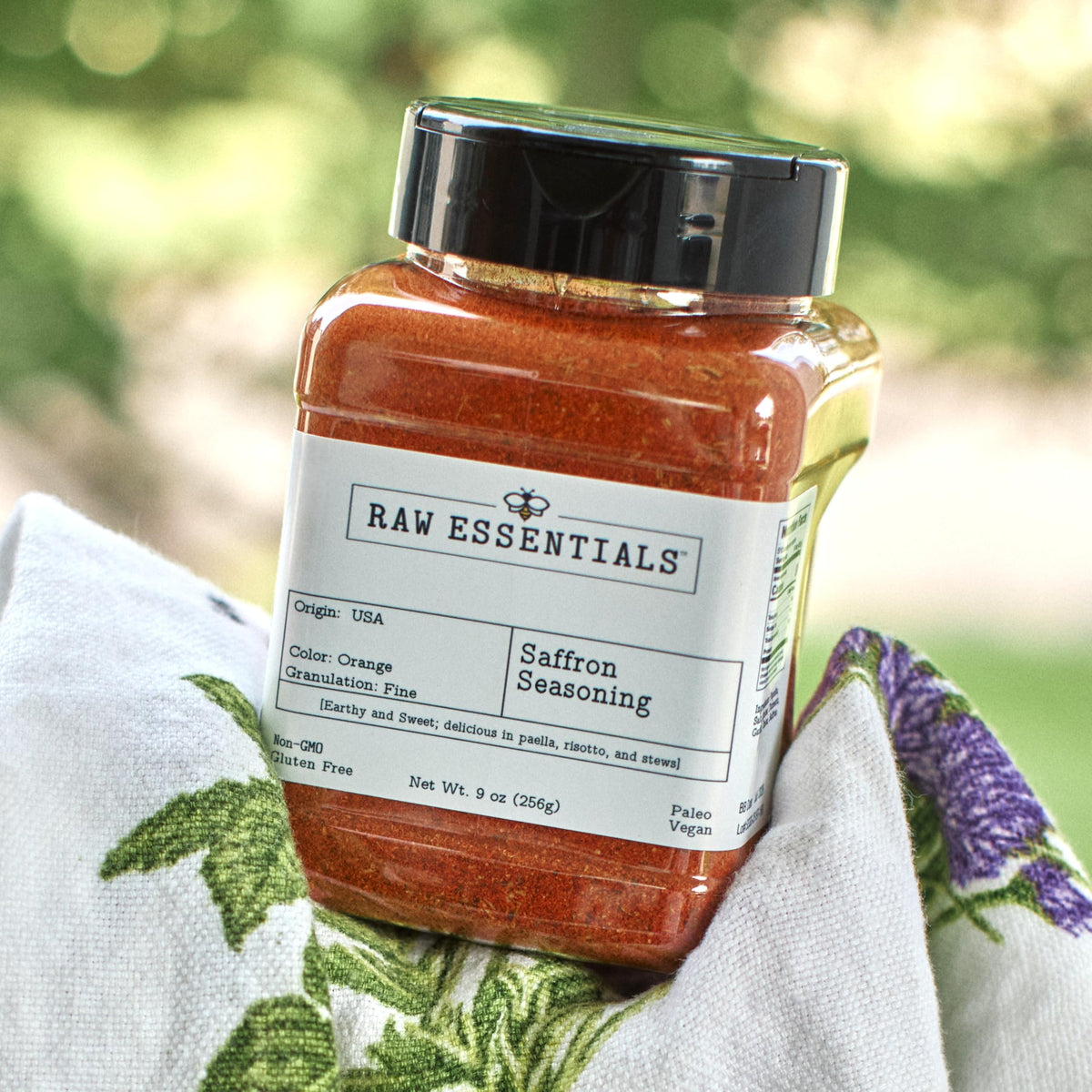 Raw Essentials Saffron Seasoning pour bowl image suggests even flavor distribution in meals