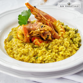 Raw Essentials Saffron Seasoning risotto dish evokes rich color and aromatic depth