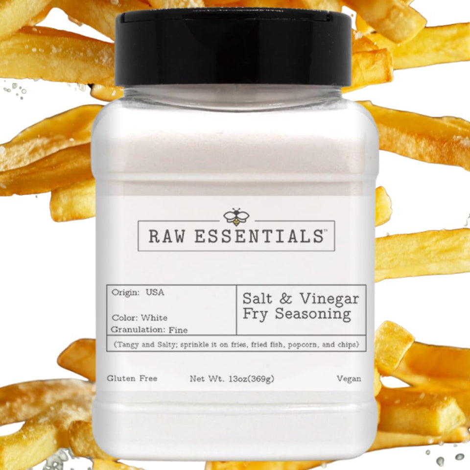 Raw Essentials Salt and Vinegar Fry Seasoning being poured for tangy flavor