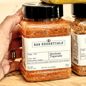 Closeup of Raw Essentials Shichimi Togarashi spice grains showing hand-ground texture