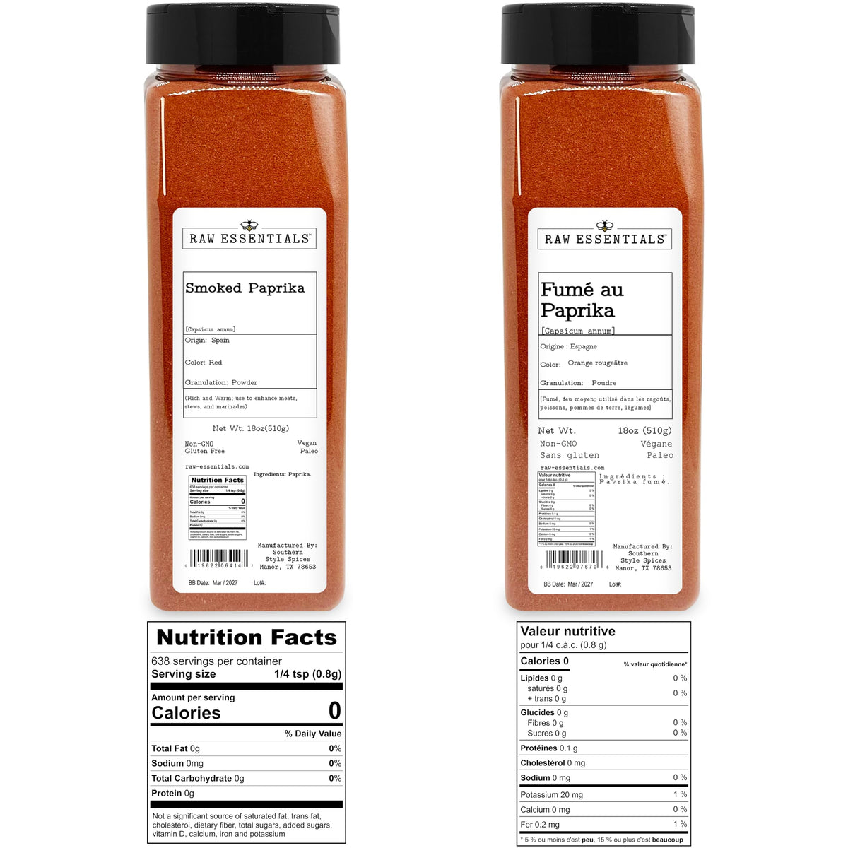Raw Essentials smoked paprika powder closeup highlights fine texture for seasoning.