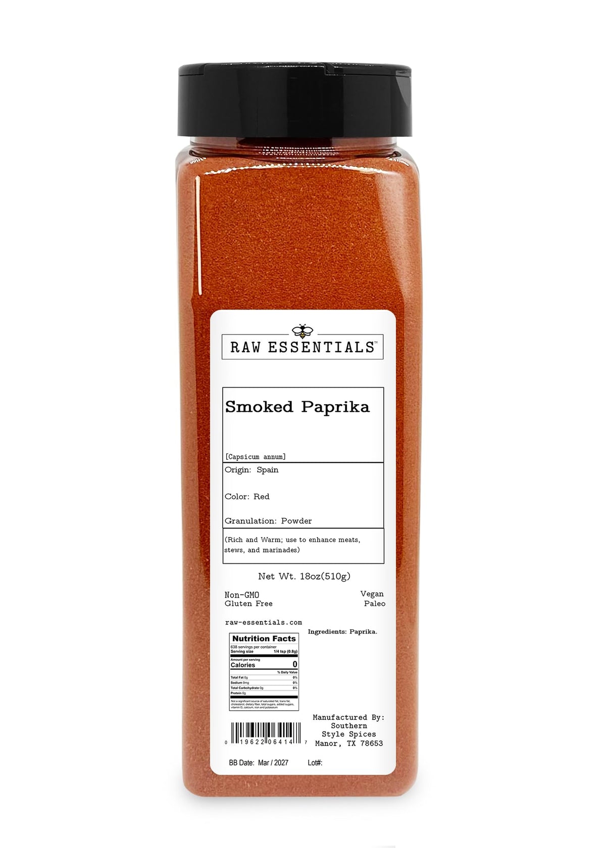 Raw Essentials smoked paprika powder jar showcases rich, smoky flavor for BBQ and roasts.