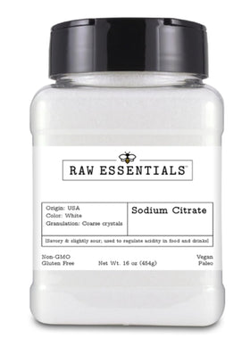Raw Essentials Sodium Citrate emulsifier bottle highlights purity for smooth sauces