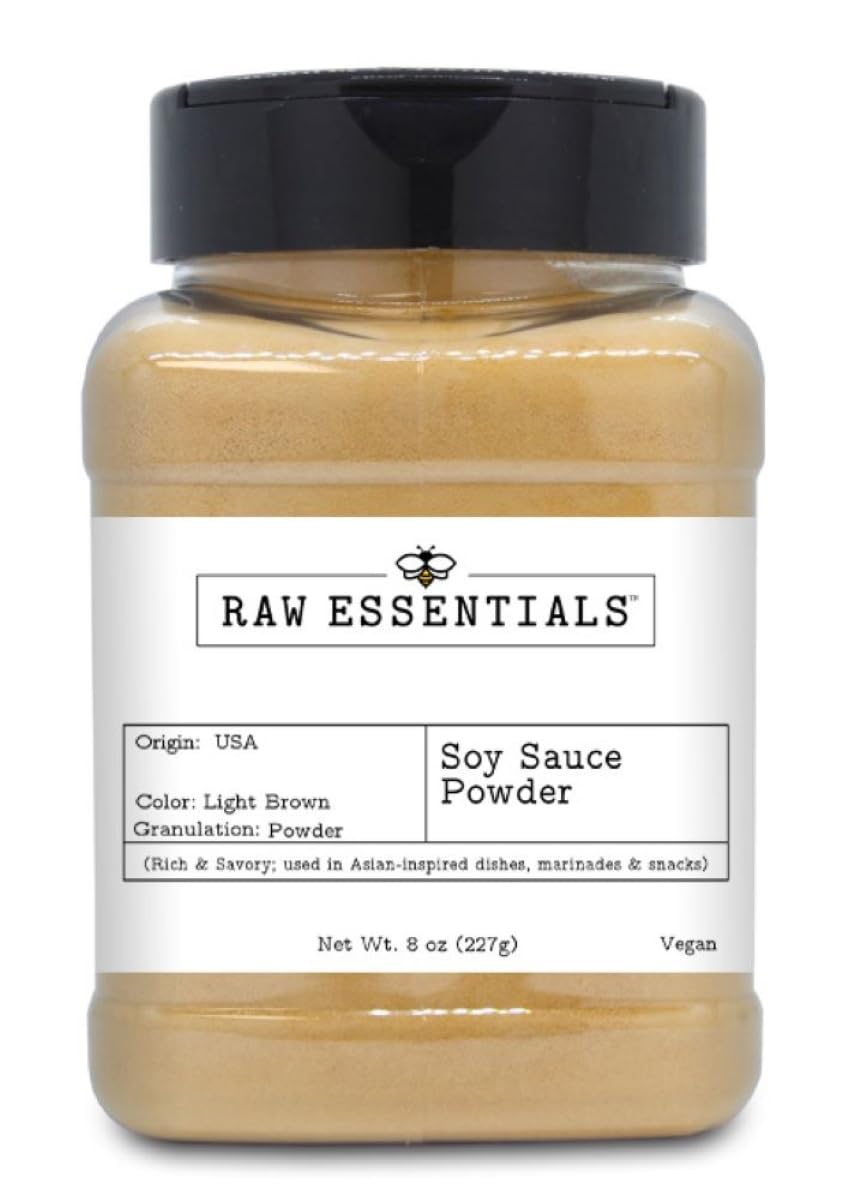 Raw Essentials Soy Sauce Powder bottle with rich umami aroma for stir-fries