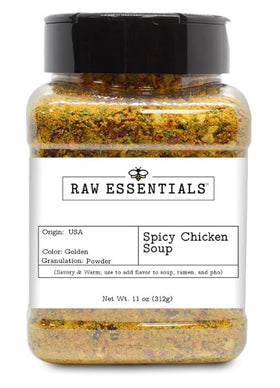 Raw Essentials spicy chicken bouillon bottle-pour enriches broth with savory heat.