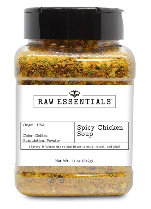 Raw Essentials spicy chicken bouillon bottle-pour enriches broth with savory heat.