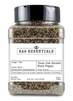 Raw Essentials Texas Oak Smoked Black Pepper bottle adds bold smoky aroma to everyday cooking.