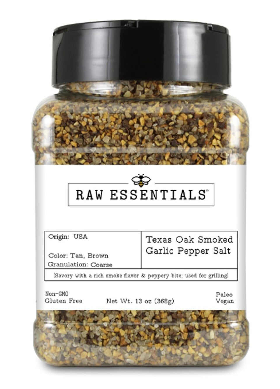 Raw Essentials Texas Pit Oak Smoked Garlic Pepper Salt bottle pour for rich barbecue flavor.