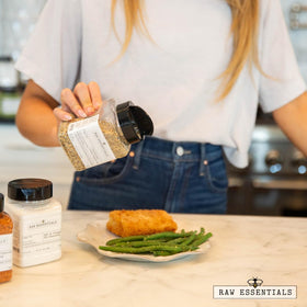 Raw Essentials garlic pepper salt ideal for roasting chicken.
