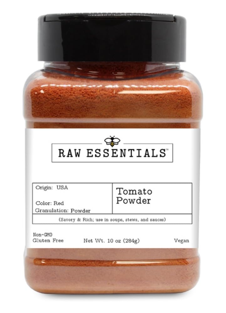 Raw Essentials tomato powder with smooth texture enhances soups and sauces.