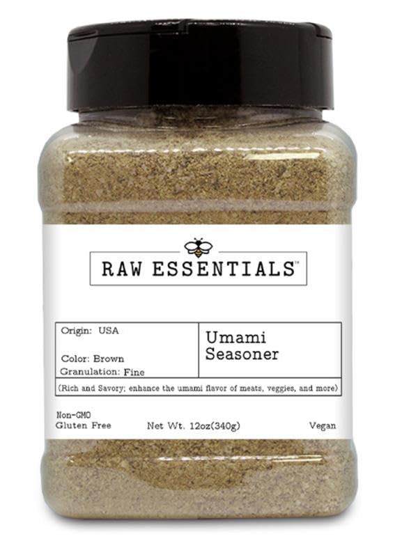 Raw Essentials Umami Seasoner bottle front boosts savory flavor for meats and vegetables