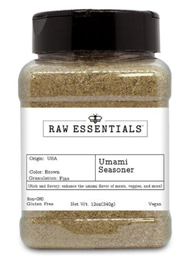Raw Essentials Umami Seasoner bottle front boosts savory flavor for meats and vegetables