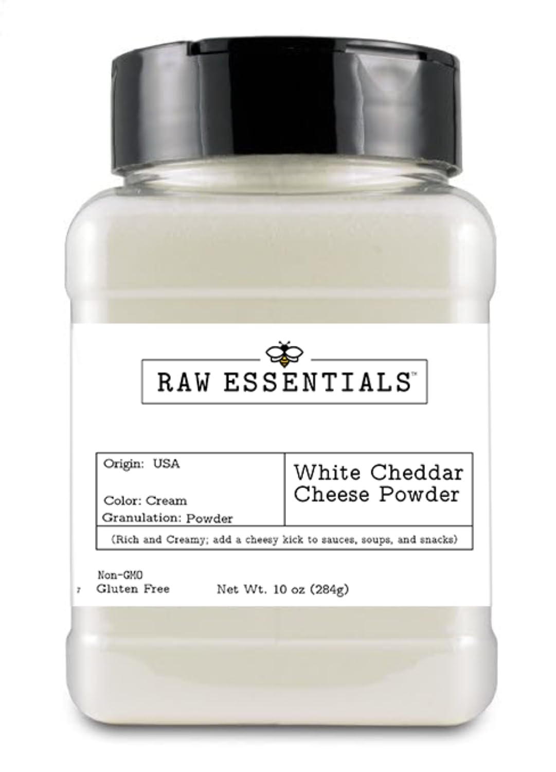 Raw Essentials White Cheddar Cheese Powder bottle for rich flavor in snacks and sauces.