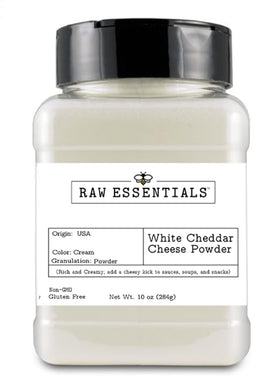 Raw Essentials White Cheddar Cheese Powder bottle for rich flavor in snacks and sauces.