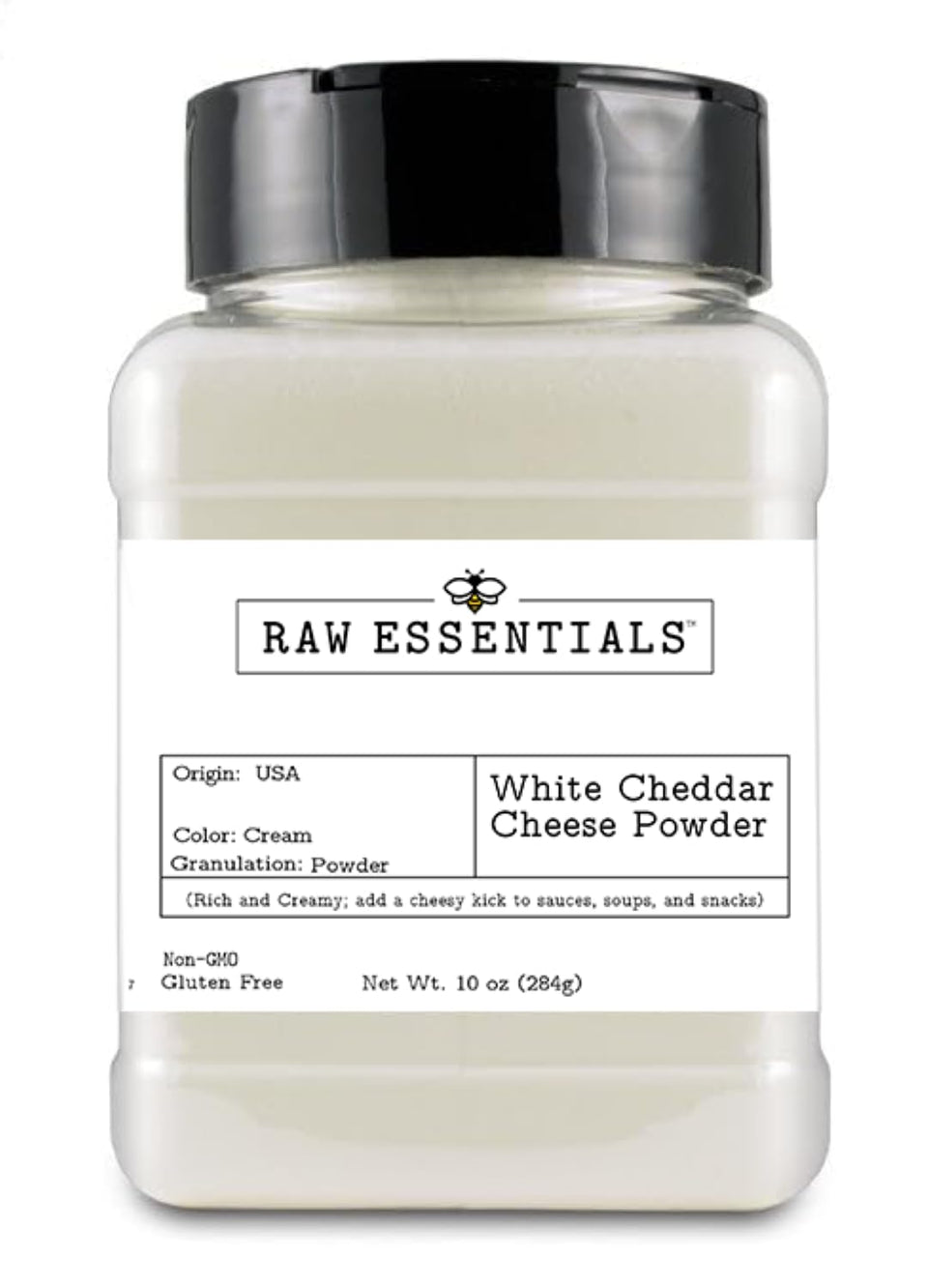 Raw Essentials White Cheddar Cheese Powder bottle for rich flavor in snacks and sauces.