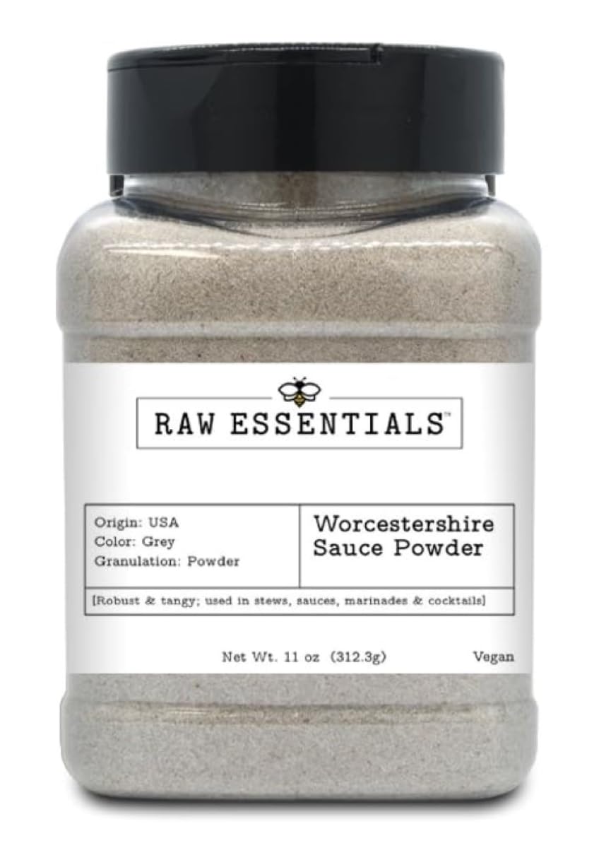 Raw Essentials Worcestershire powder bottle pouring enhances tangy stews