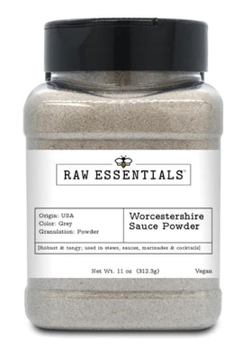 Raw Essentials Worcestershire powder bottle pouring enhances tangy stews