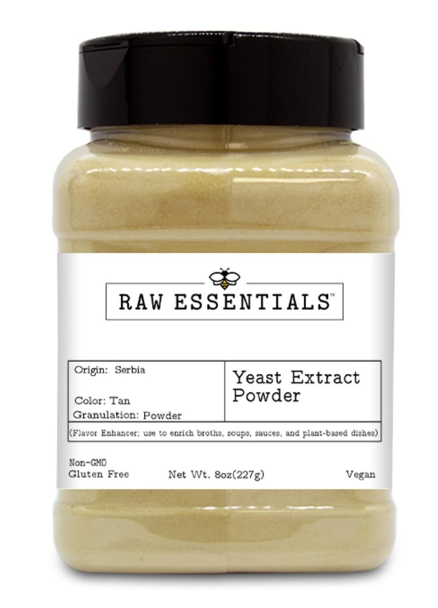 Raw Essentials yeast extract powder bottle boosts broths with rich umami flavor.