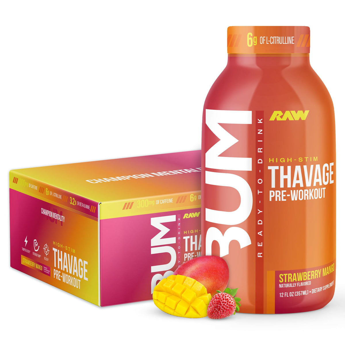 RAW Ready to Drink pre-workout bottle with strawberry mango boosts workout energy.