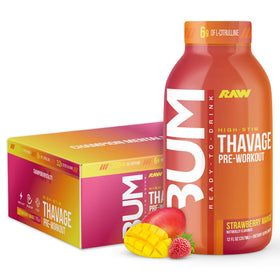 RAW Ready to Drink pre-workout bottle with strawberry mango boosts workout energy.