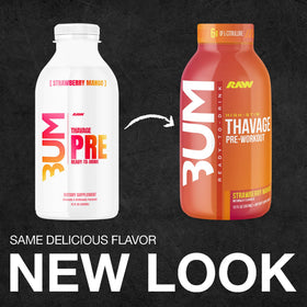 RAW Thavage RTD shake pouring into glass, strawberry mango flavor for quick energy.