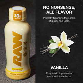 RAW Vanilla RTD bottle label front highlights grass-fed protein and zero sugar.