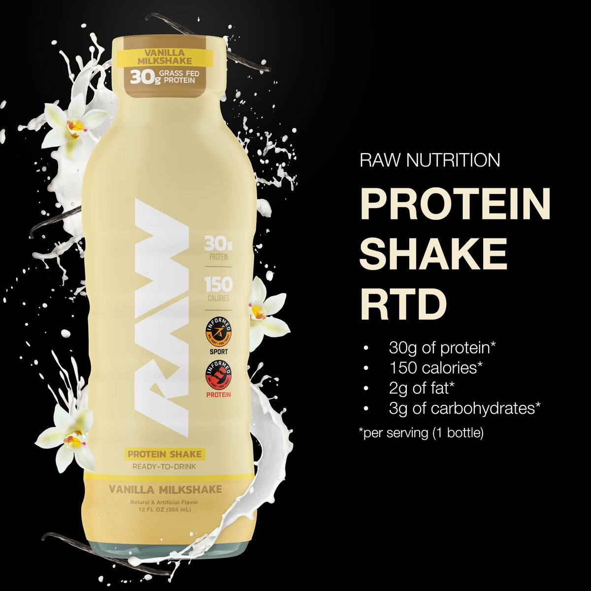 RAW Vanilla shake poured into a glass showing quick, versatile fueling.