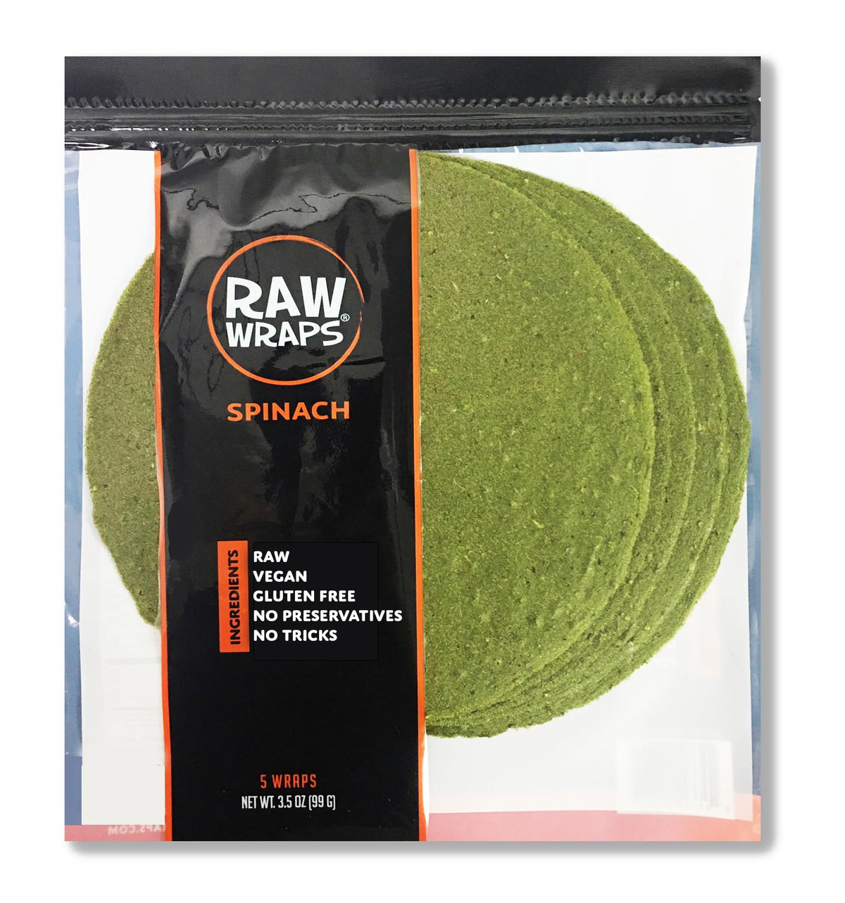 Raw Wraps Spinach Wraps packaging front shows shelf-stable gluten-free convenience